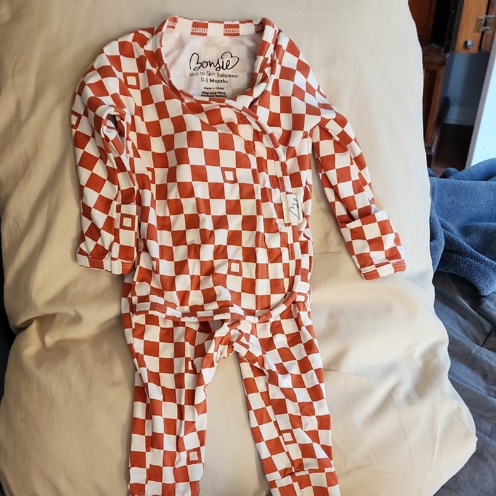 Bonsie Baby Burnt Orange and White Checkered sleep and play footless.